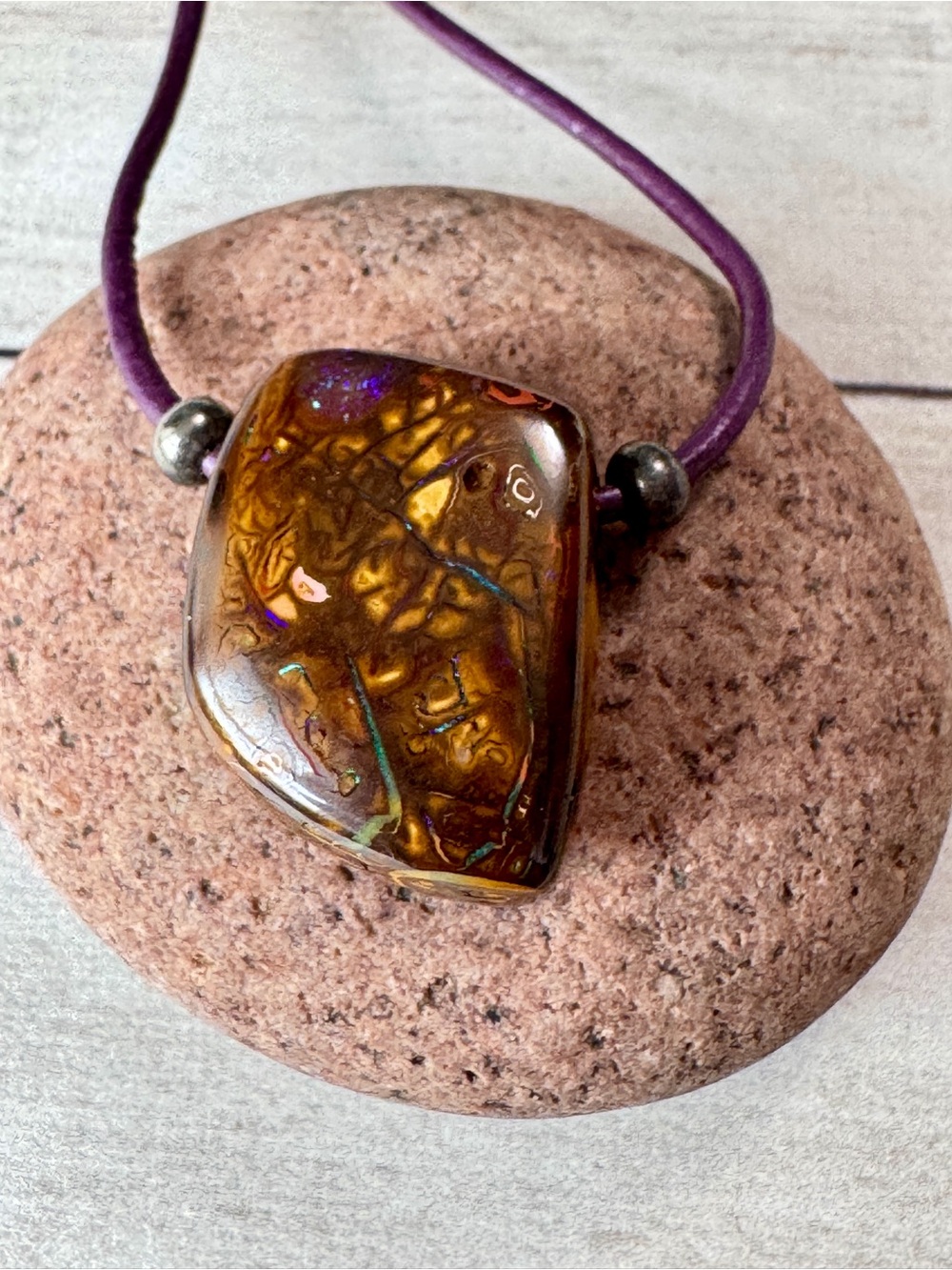 Hand Crafted Boulder Opal Pendant on Purple Cord